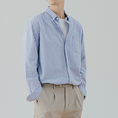 春秋氣質襯衫男韓版潮流時尚豎條紋上衣長袖襯衣外套