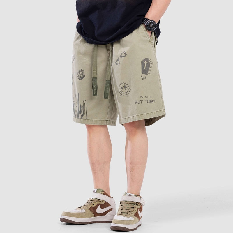 高級感個性塗鴉工裝短褲男士夏季寬松水洗純棉休閑五分褲