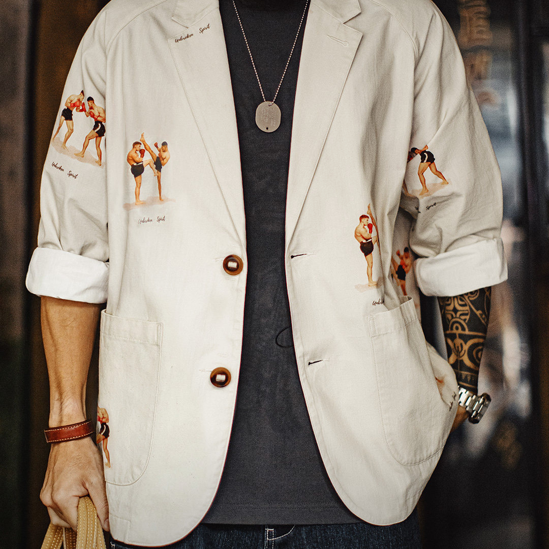 美式休閒平駁領西裝印花外套白色西服純棉長袖襯衫男款春