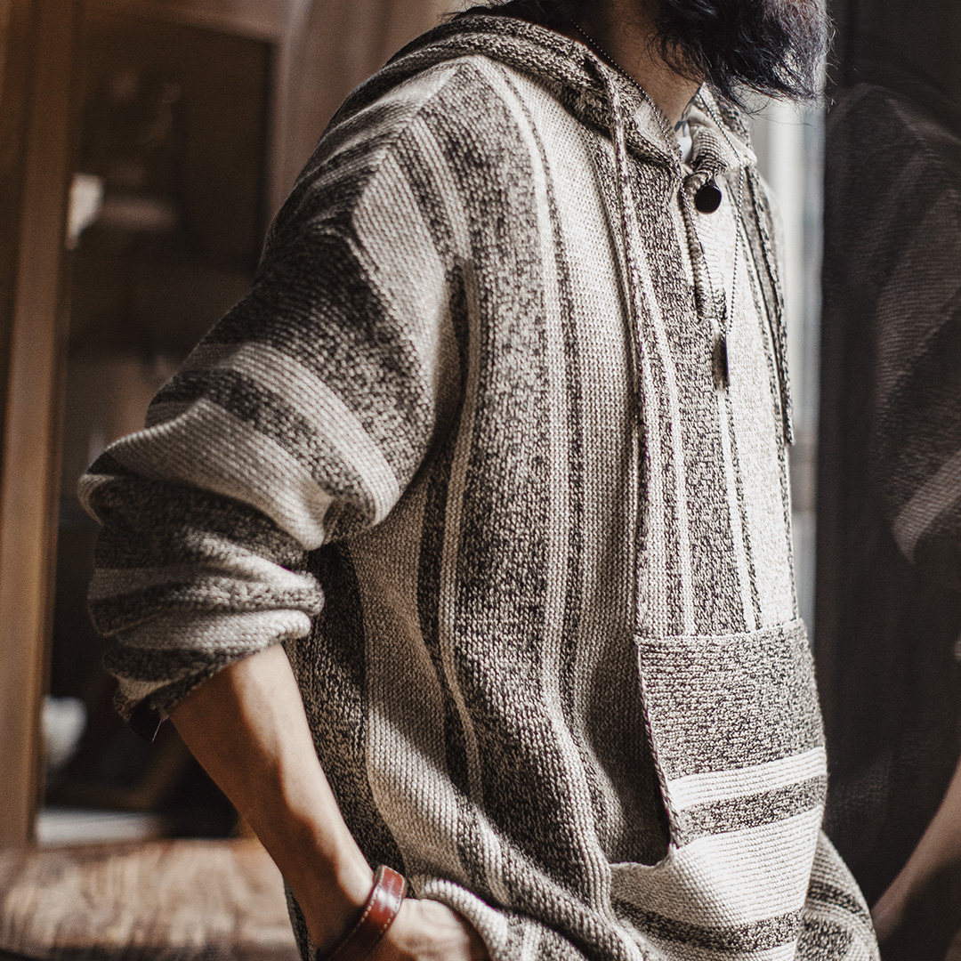 美式復古巴哈半開襟連帽衛衣套頭針織衫薄款垂感外套男春