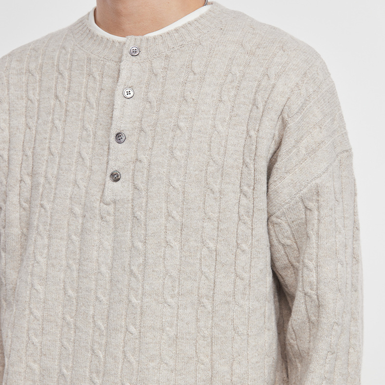 織閒男裝亨利領麻花針織毛衣秋冬復古寬鬆保暖套頭毛衫