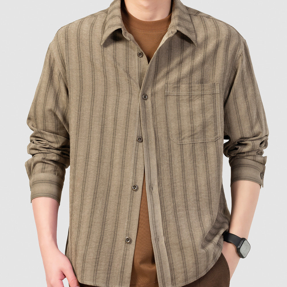 春季新款銅氨絲條紋襯衫男美式潮牌抗皺柔順長袖襯衣