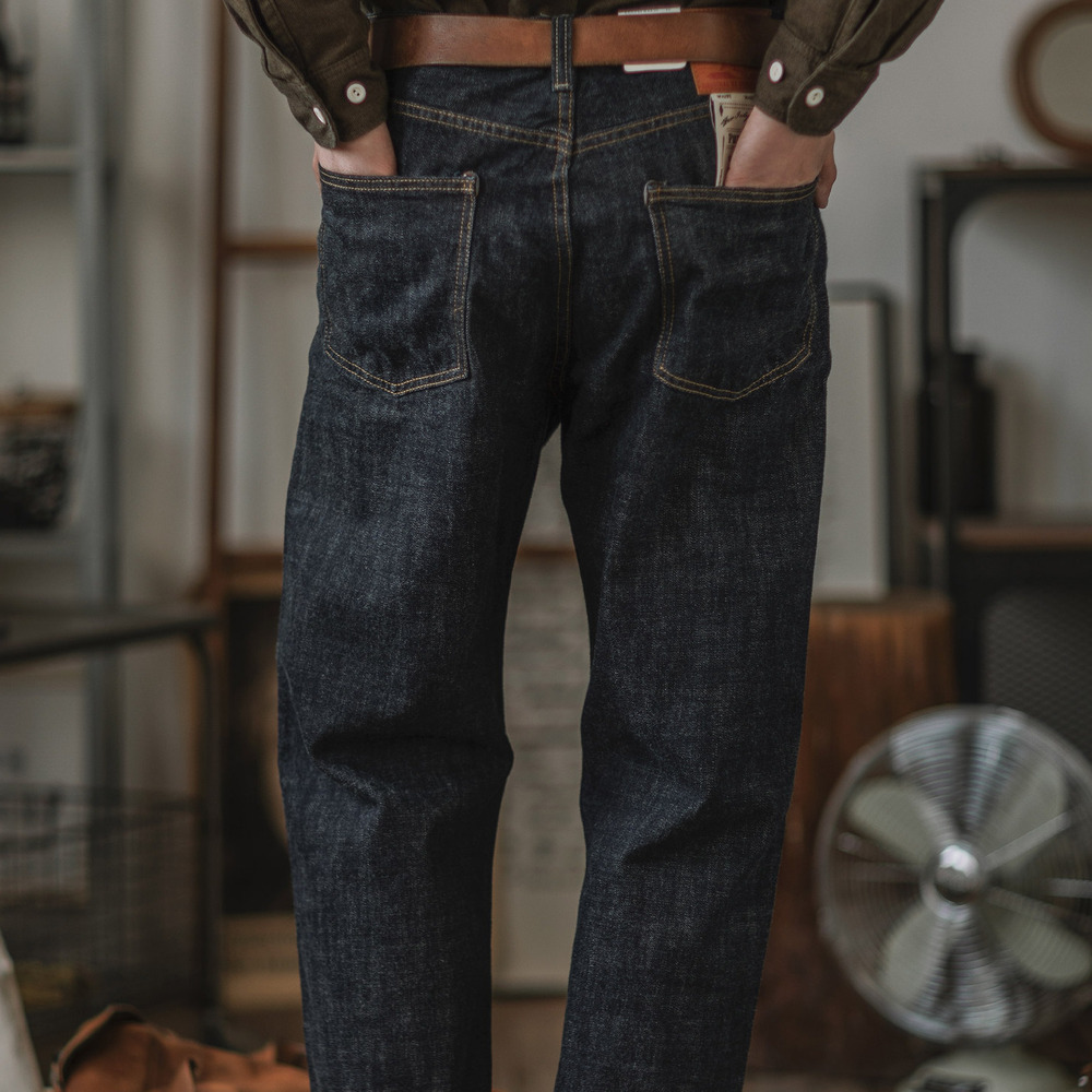 阿美咔叽丹寧復古赤耳脫漿牛仔褲 美式直筒寬松原牛色長褲