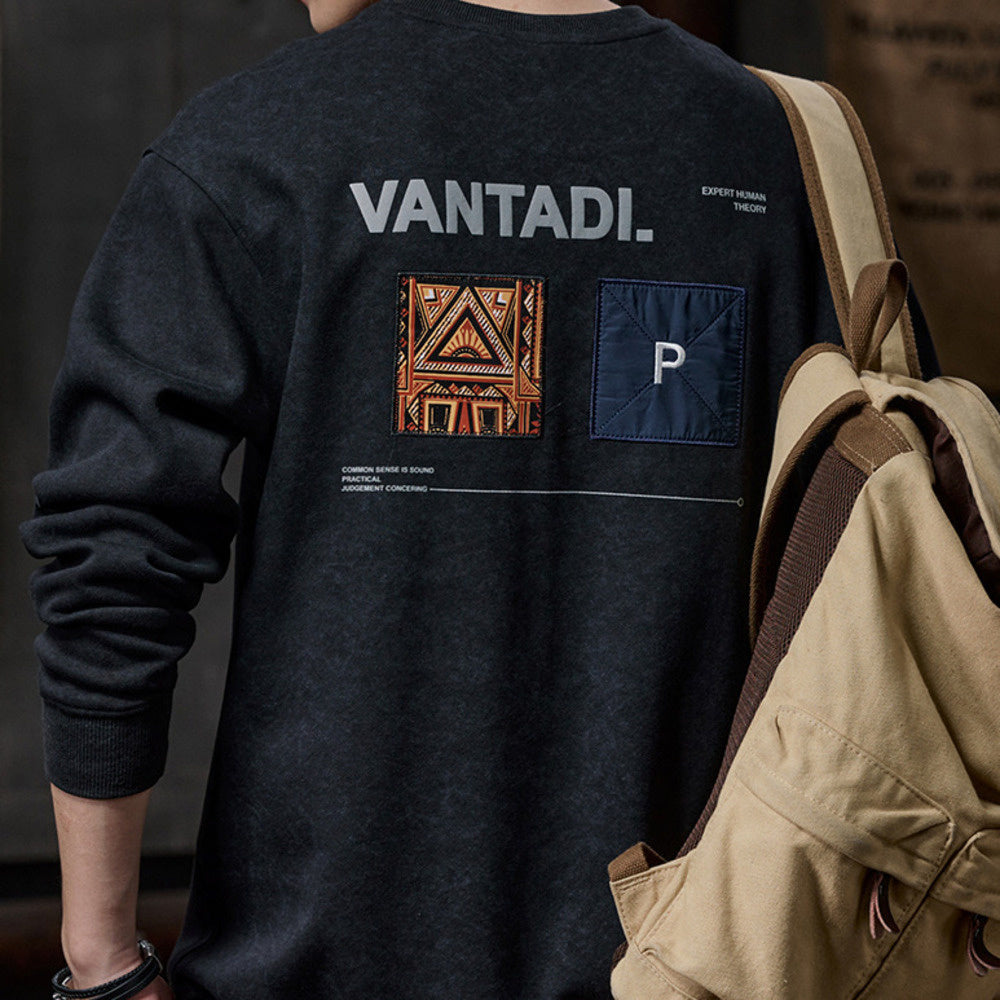 美式復古紮染圓領衛衣男士名民族風刺繡上衣秋冬季寬松加絨外套男