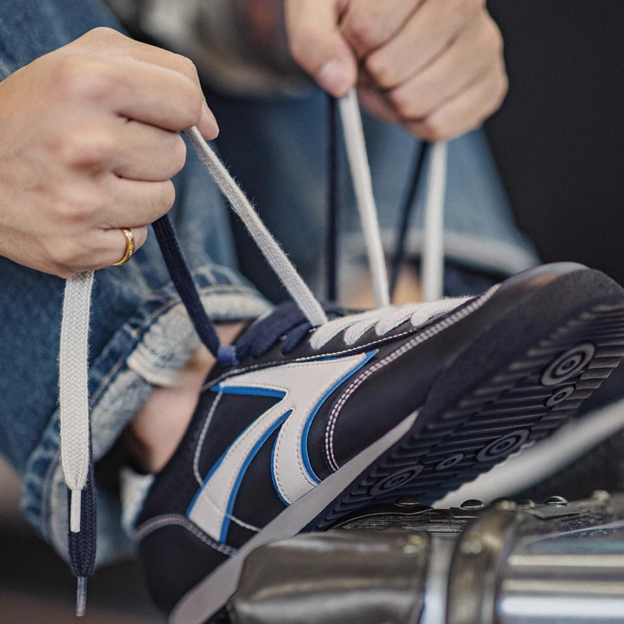 雙鞋帶藍色德訓鞋夏季男新款百搭軟底平底運動休閒復古阿甘鞋