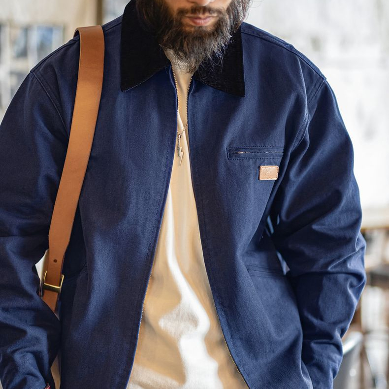 美式底特律藏青色夾克獵裝J001美式巴恩風翻領外套男秋