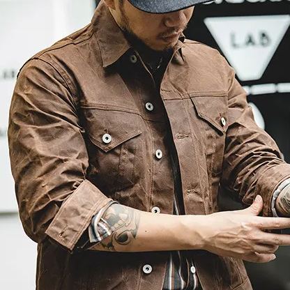 美式復古黃石帆布油蠟夾克阿美咔叽獵裝油臘外套