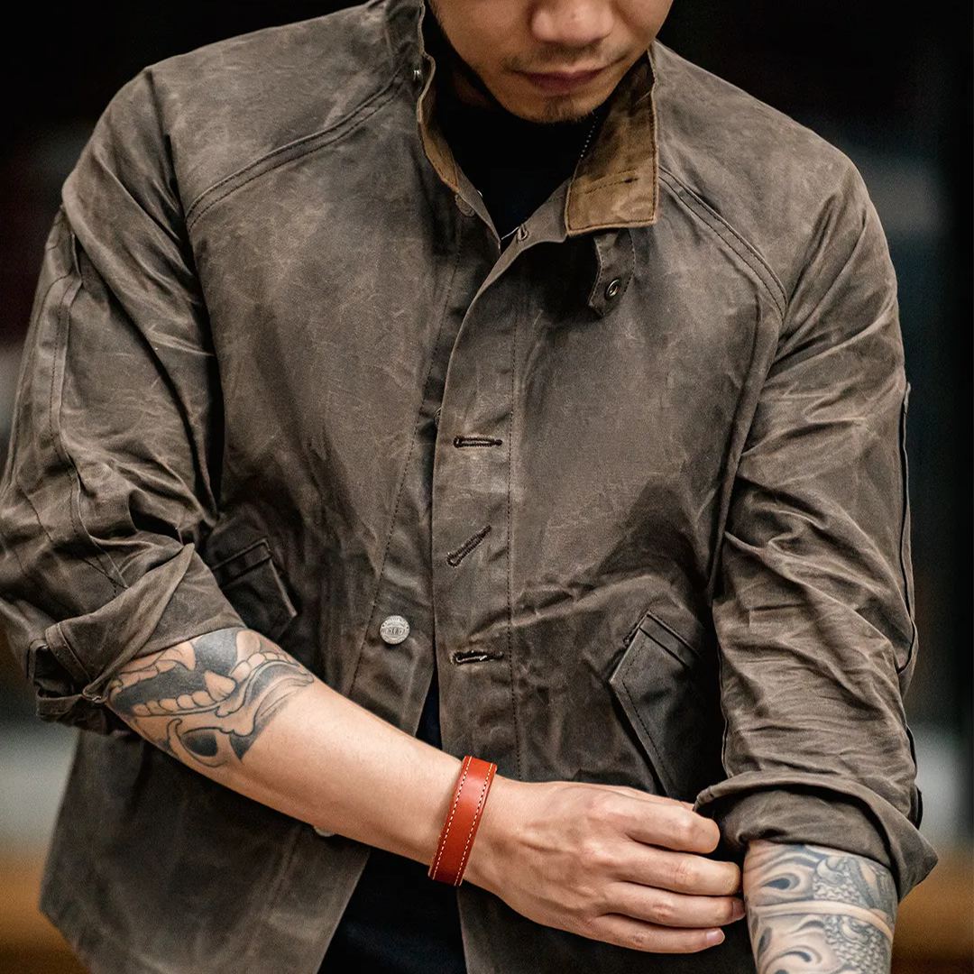 美式復古立領帆布油蠟夾克阿美咔叽硬漢防水獵裝外套