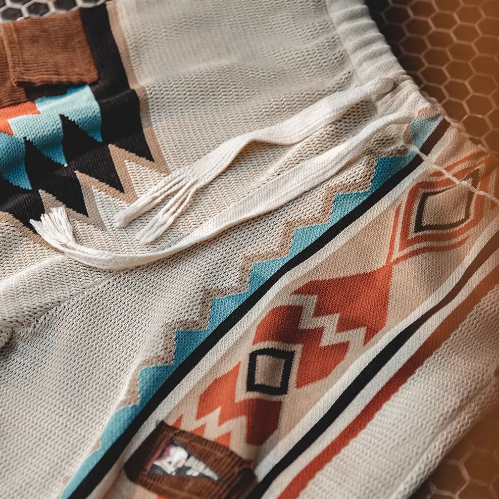 美式復古納瓦霍針織短褲撞色刺繡戶外沙灘五分衛褲