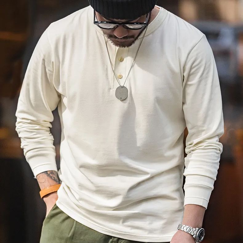 美式復古長袖亨利衫T恤開領硬漢外穿薄款打底衫