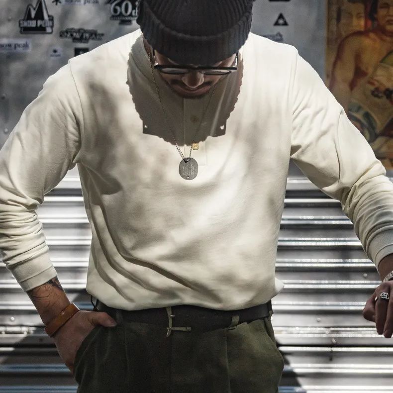 美式復古長袖亨利衫T恤開領硬漢外穿薄款打底衫