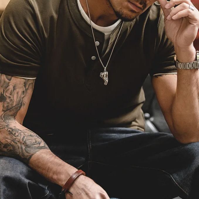 美式復古阿美咔叽短袖亨利衫夏季軍綠微彈硬漢T恤