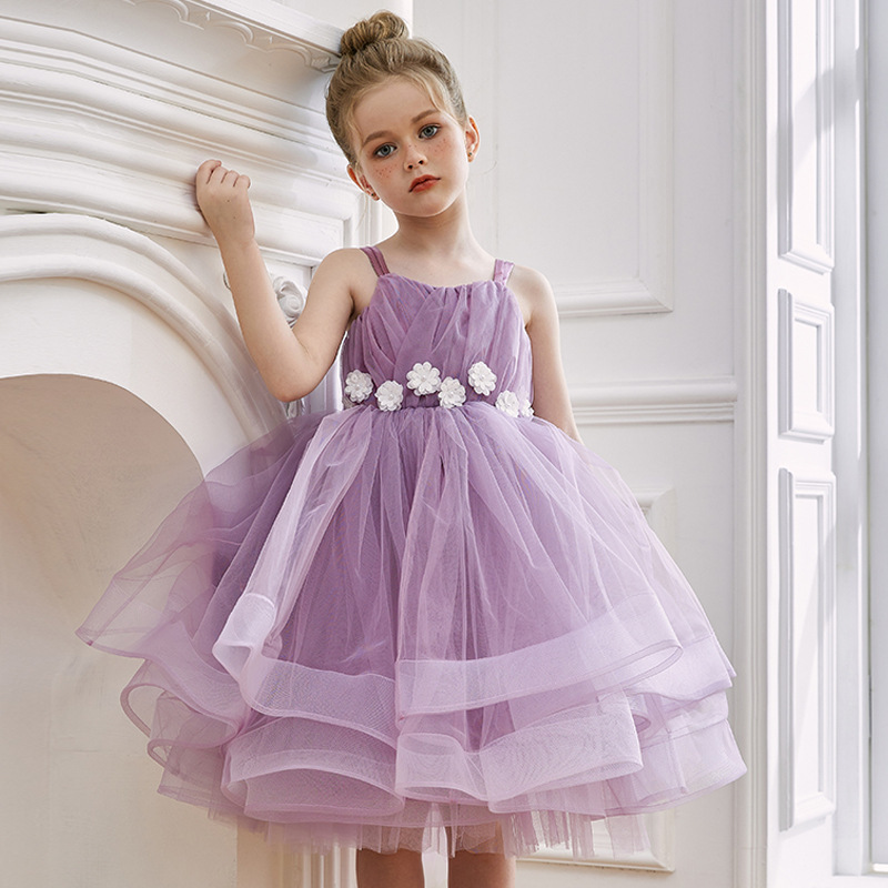 女童吊帶紫色花朵生日派對蓬蓬裙