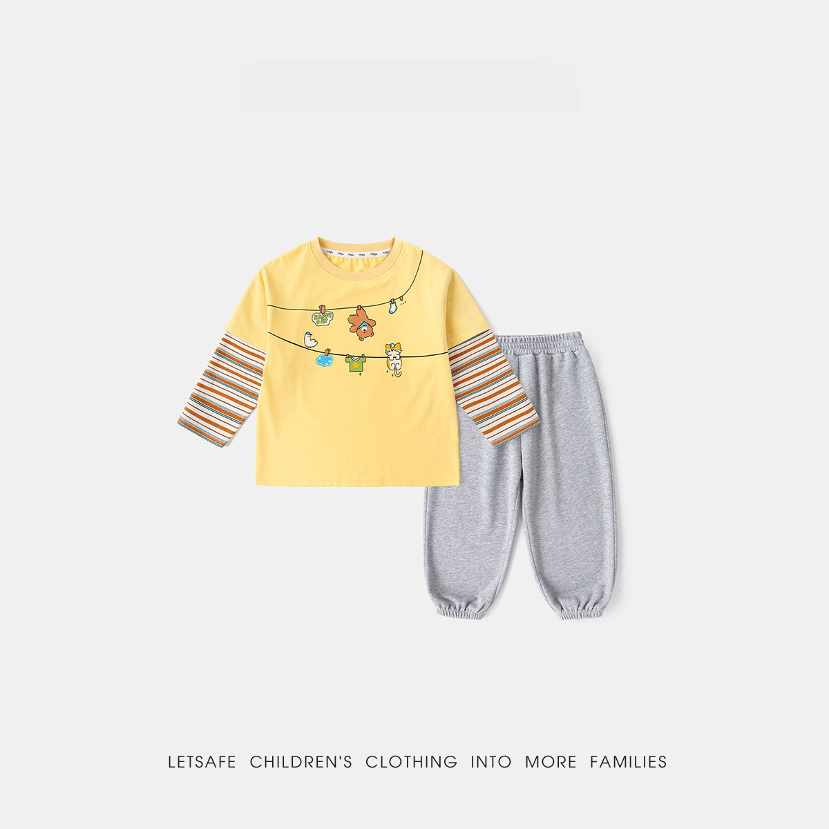 兒童假兩件卡通條紋T恤休閒褲套裝