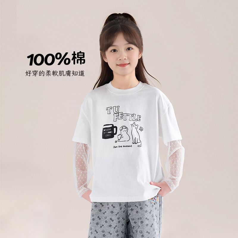 春秋款女童網紗拼接長袖 T恤