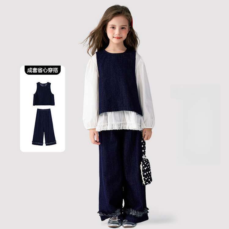 春季女童簡約軟牛仔馬甲牛仔褲兩件套
