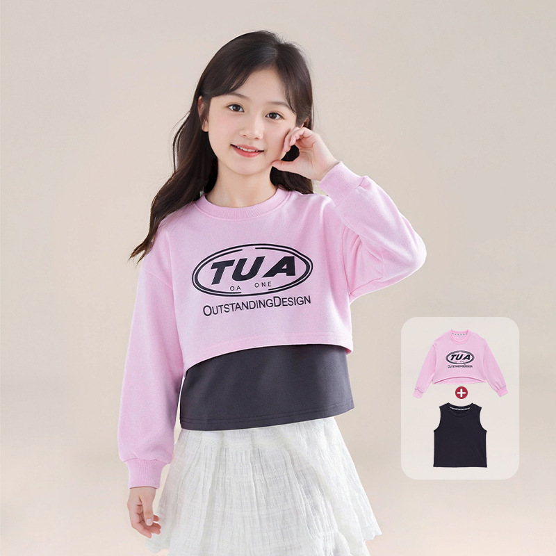 春秋女童新款假兩件長袖圓領上衣衛衣