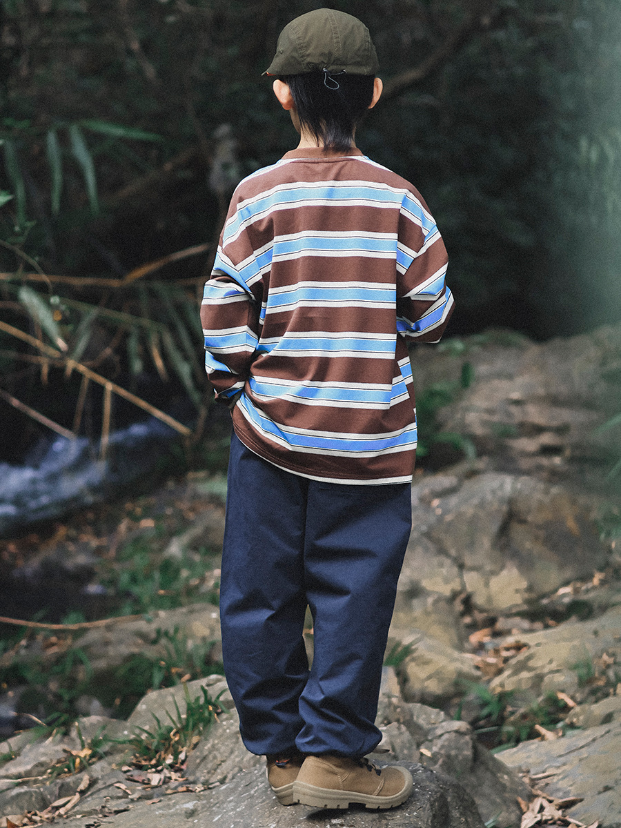 兒童春季休閑撞色條紋寬鬆套頭長袖T恤