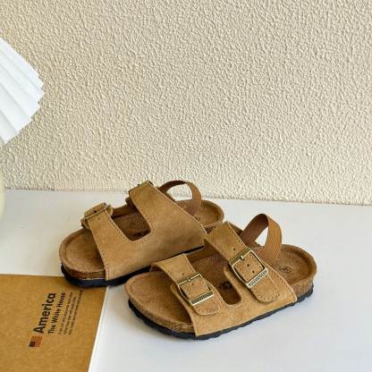 兒童夏季磨砂皮露趾木糠底涼拖鞋