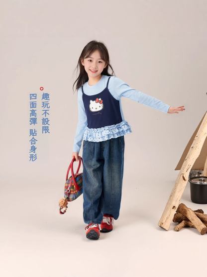 春款女童貓咪印花圖案假兩件T恤