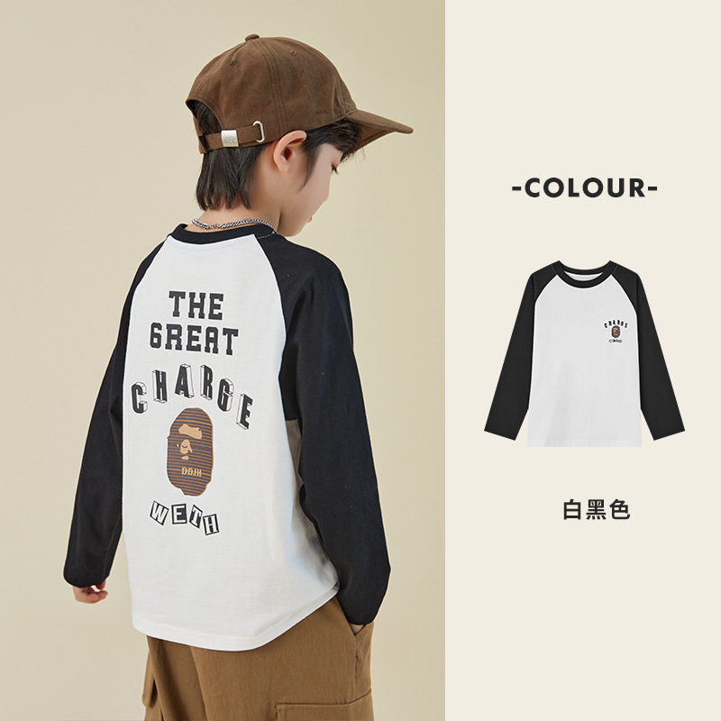 男童春秋印花撞色插肩T恤