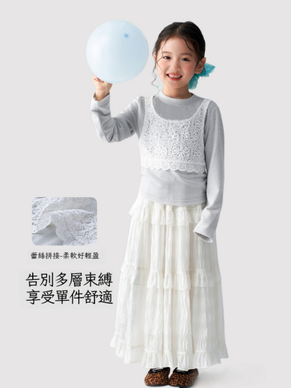 春季女童假兩件長袖T恤裙子