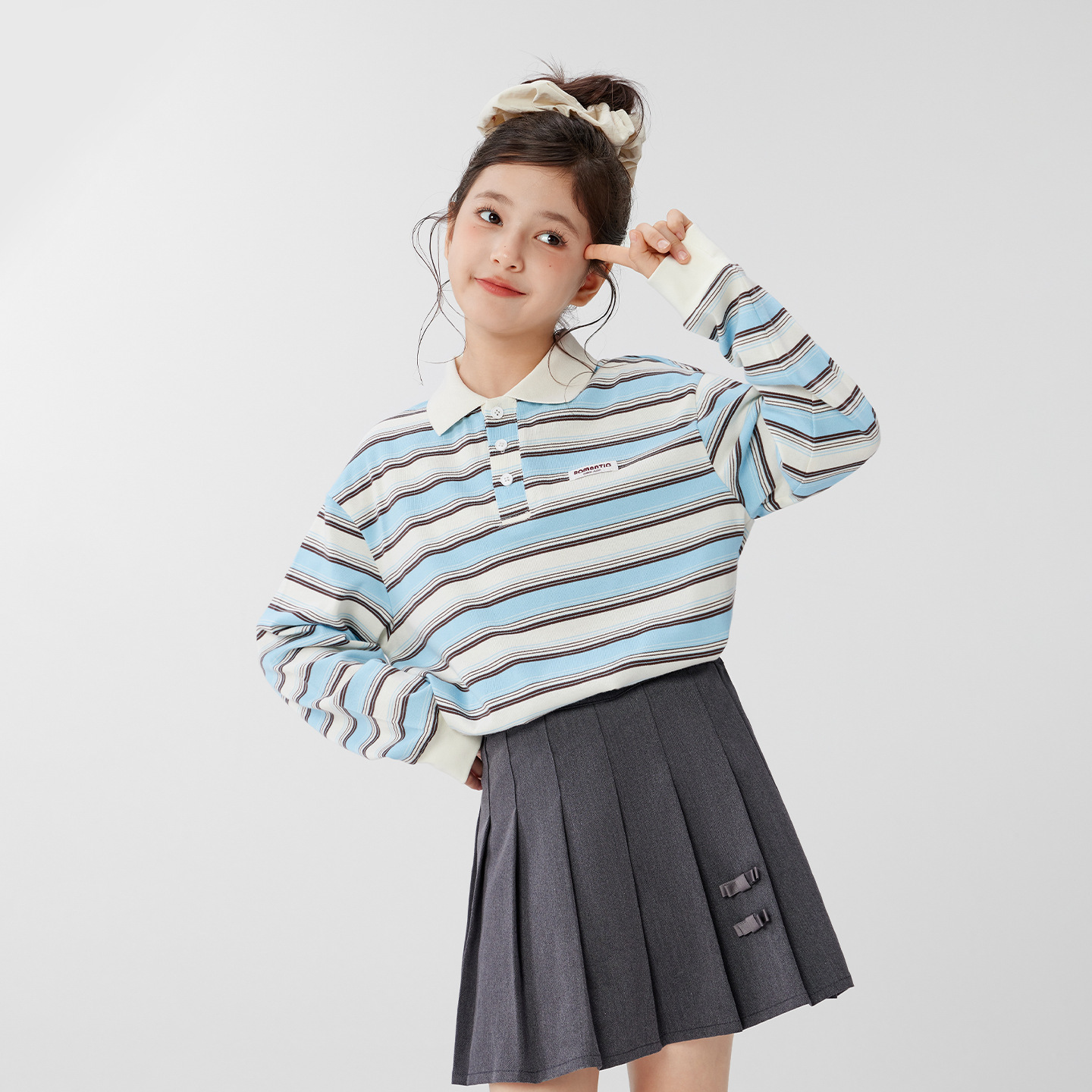 女童藍白條紋學院風POLO衫