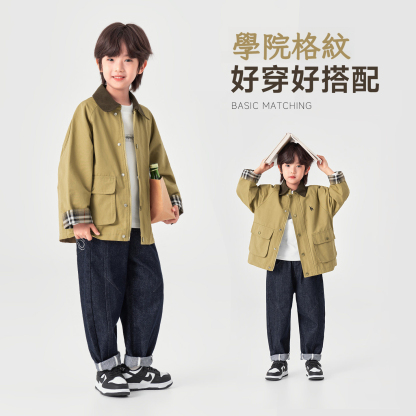 男童復古春秋款工裝風衣外套