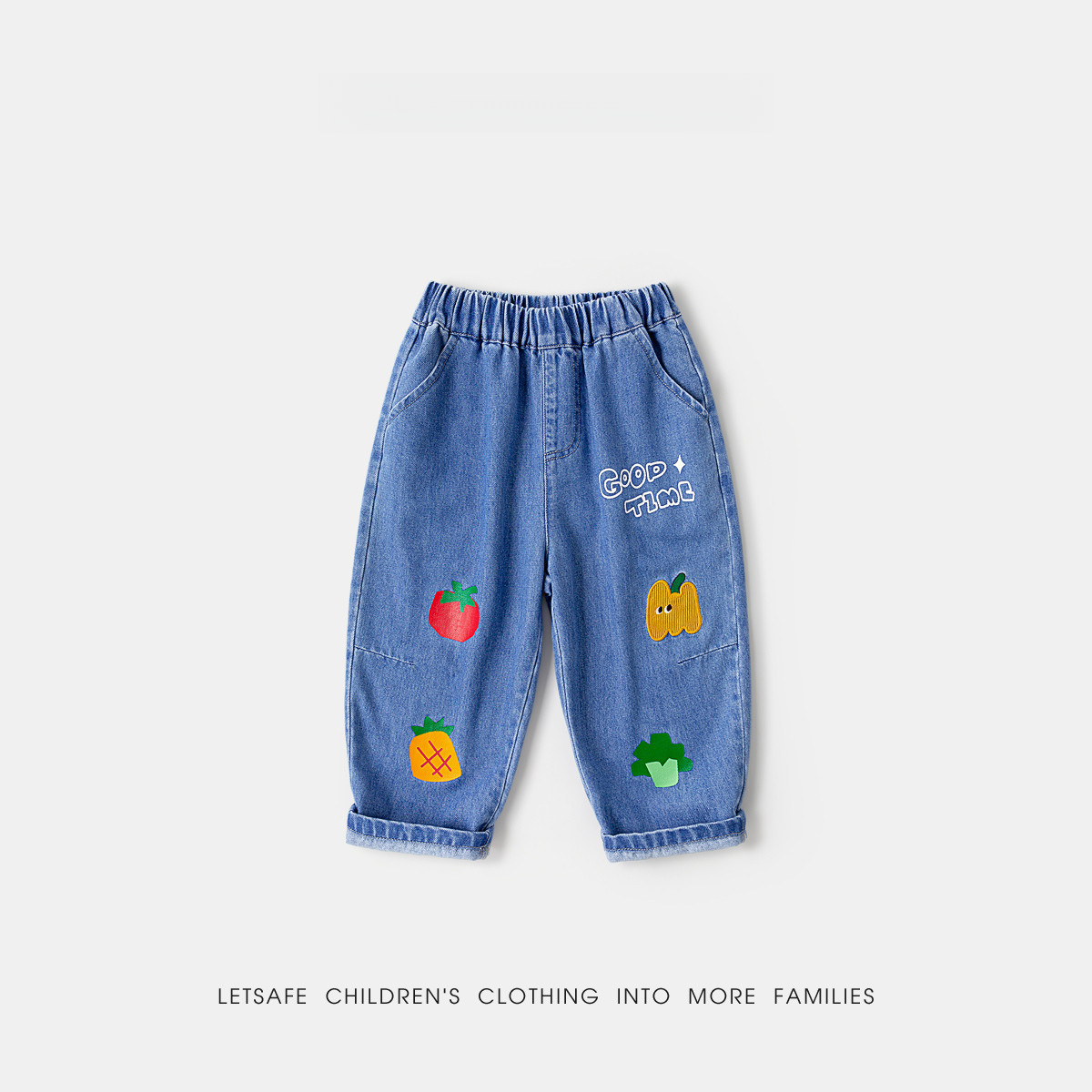 兒童春季卡通果蔬寬鬆休閒牛仔褲