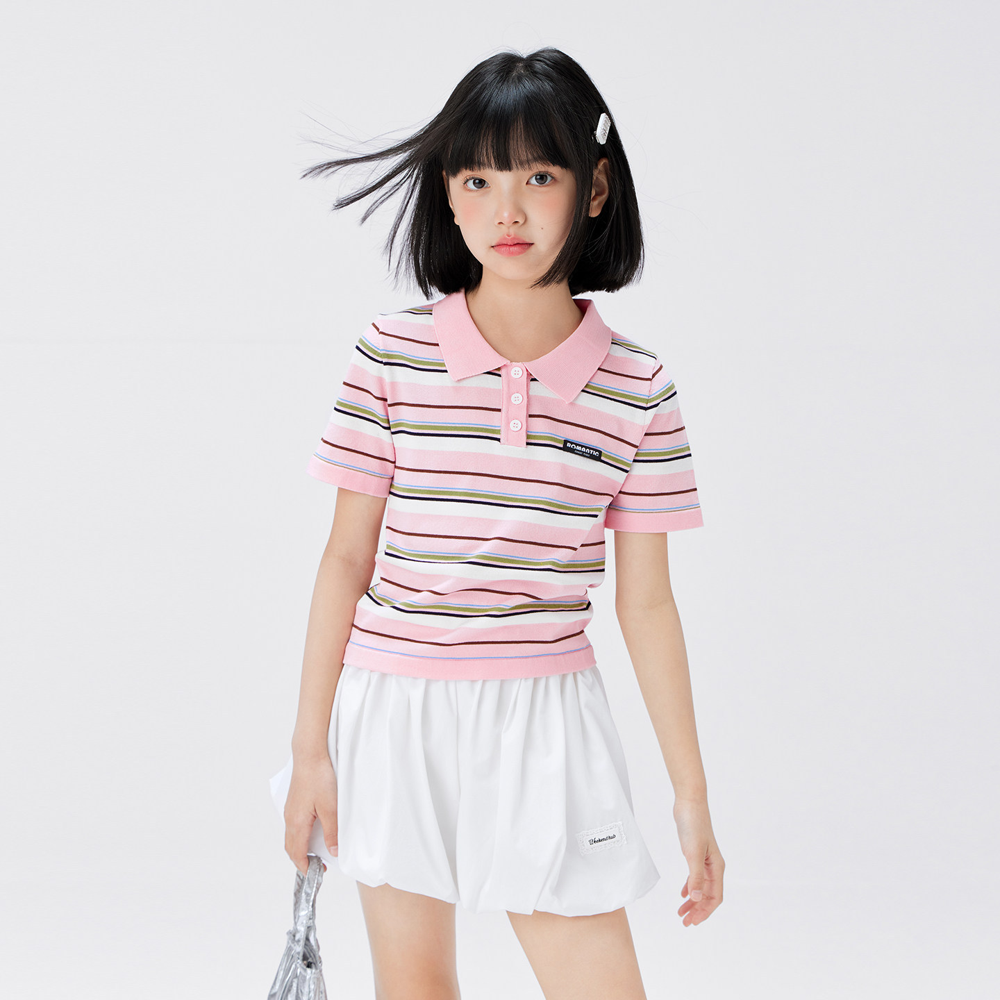 女童條紋polo領針織涼感冰絲短袖t恤