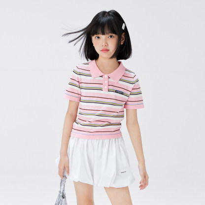 女童條紋polo領針織涼感冰絲短袖t恤