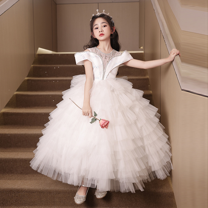 兒童輕奢小眾仿羽毛珠飾露肩裙