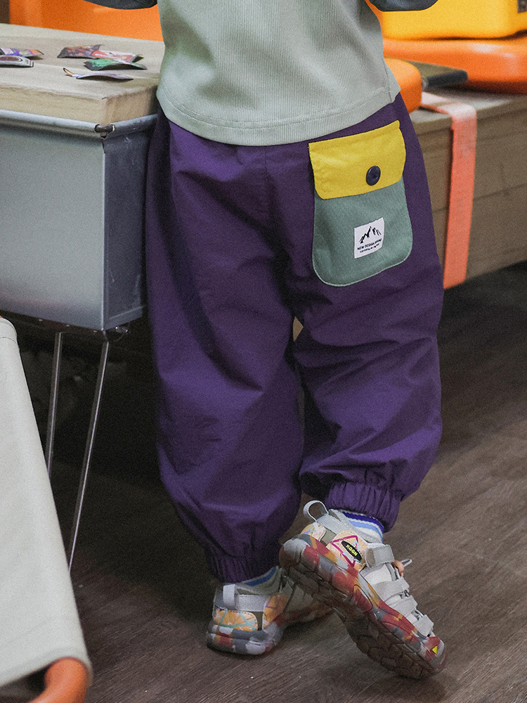 兒童山系撞色口袋束腳工裝機能褲