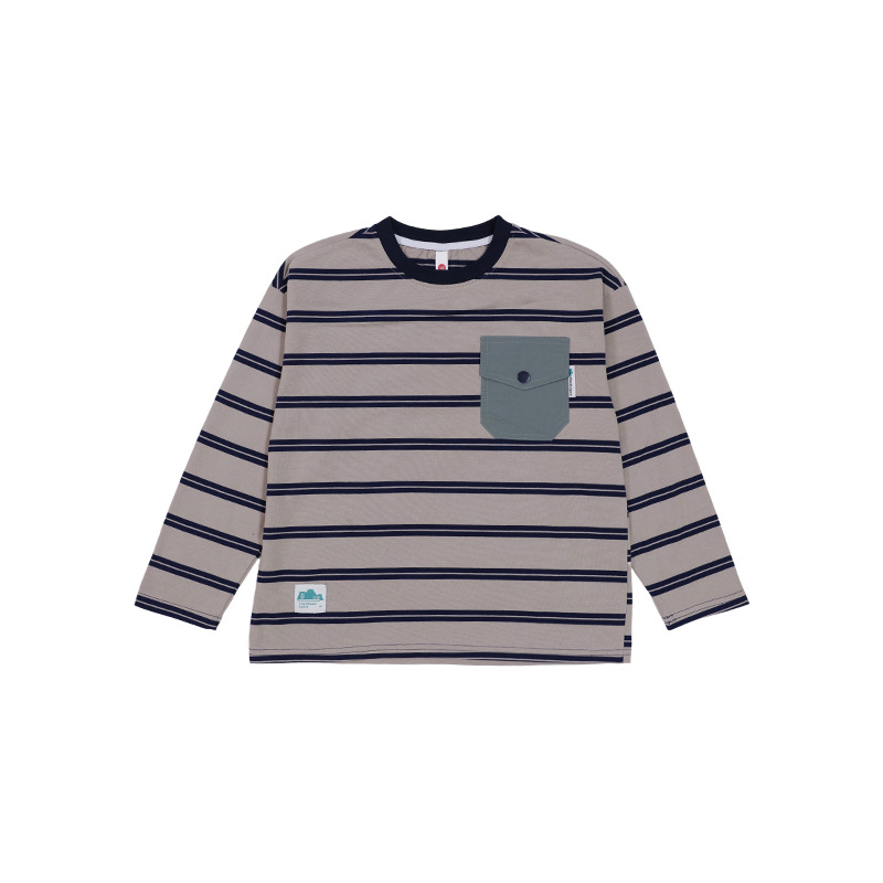 兒童秋季撞色口袋條紋長袖T恤