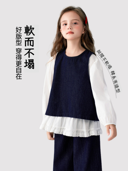 春季女童簡約軟牛仔馬甲牛仔褲兩件套