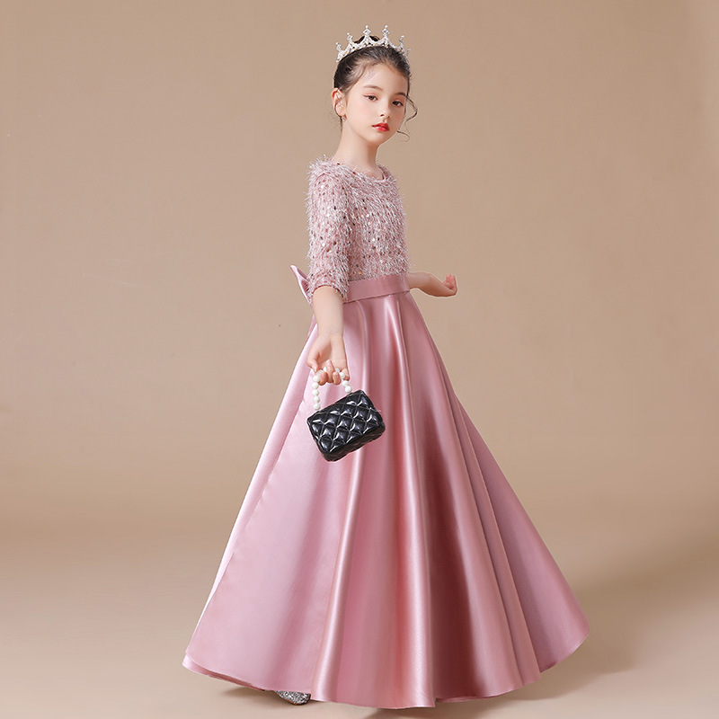 女童豆沙色圓領亮片演出服