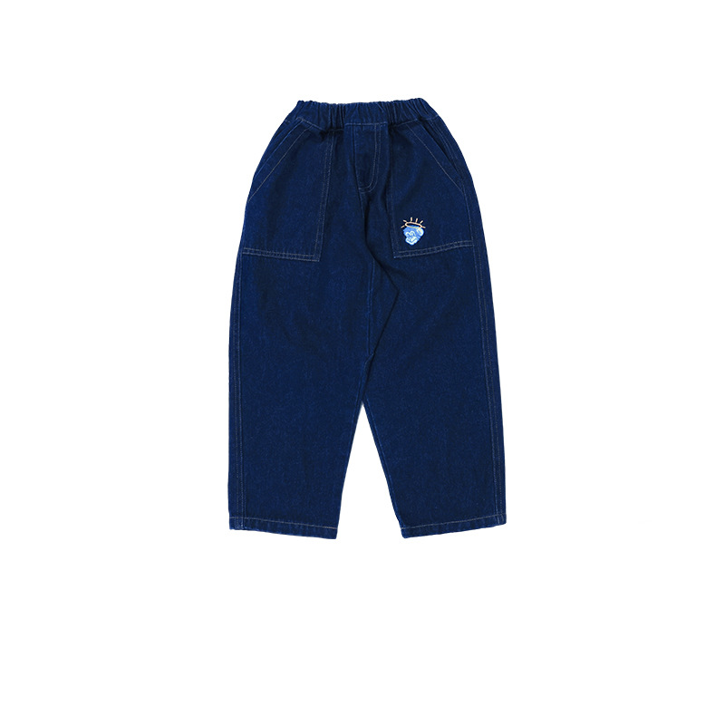 兒童春季復古印花直筒寬鬆休閑牛仔褲