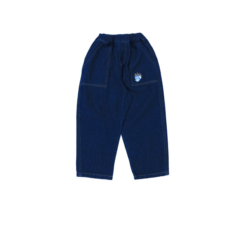 兒童春季復古印花直筒寬鬆休閑牛仔褲