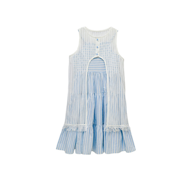 女童春季休閒條紋吊帶花邊裙
