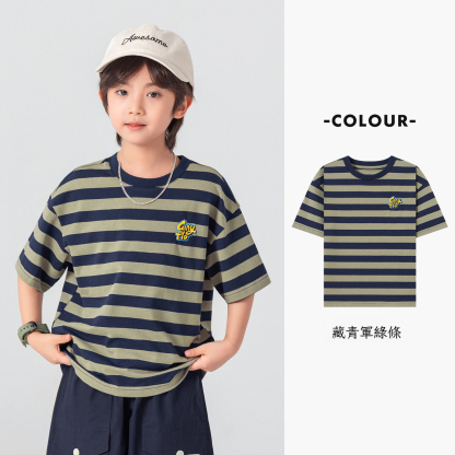 夏季男童彈力休閑撞色條紋寬鬆上衣短袖T恤