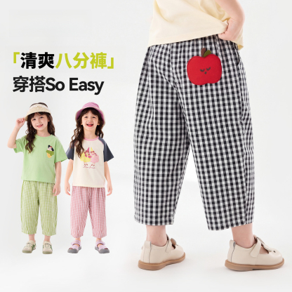 兒童夏季格紋休閒八分褲