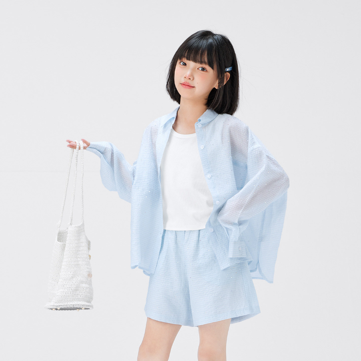 女童海風燙鑽襯衫短褲兩件套