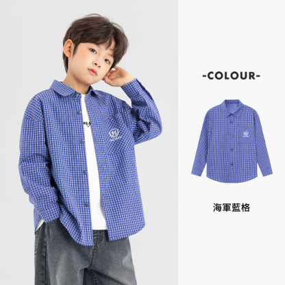 春秋經典海軍藍格刺繡襯衫