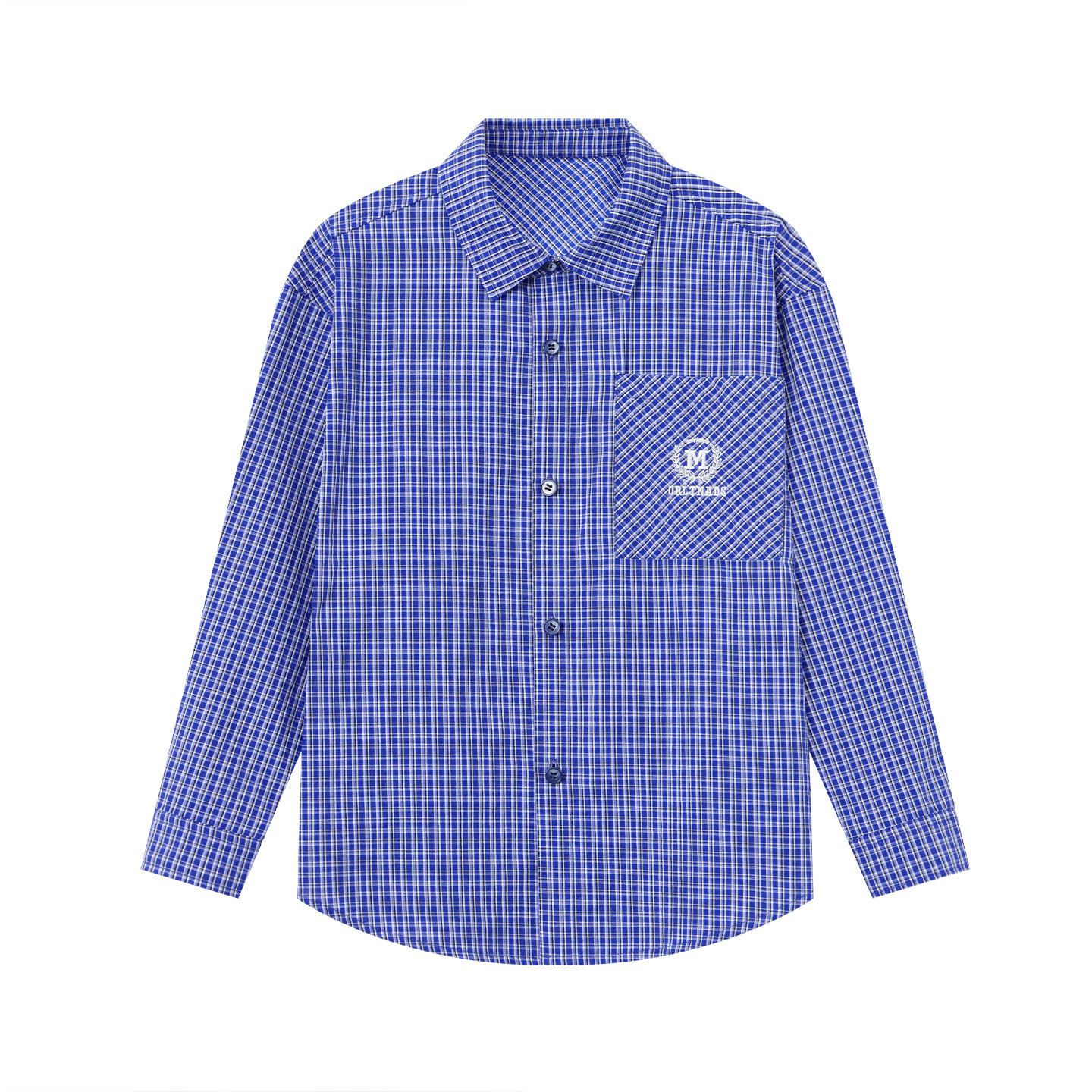 春秋經典海軍藍格刺繡襯衫