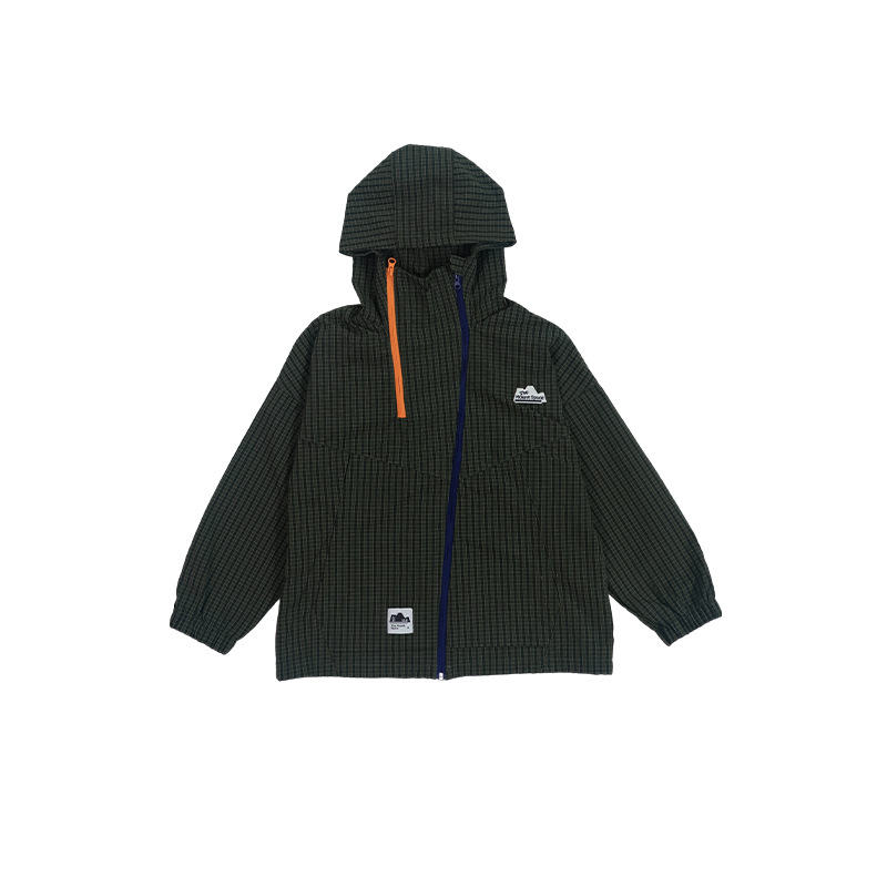 兒童秋季格紋撞色雙拉鏈立領衝鋒衣