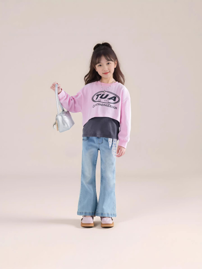 春秋女童新款假兩件長袖圓領上衣衛衣