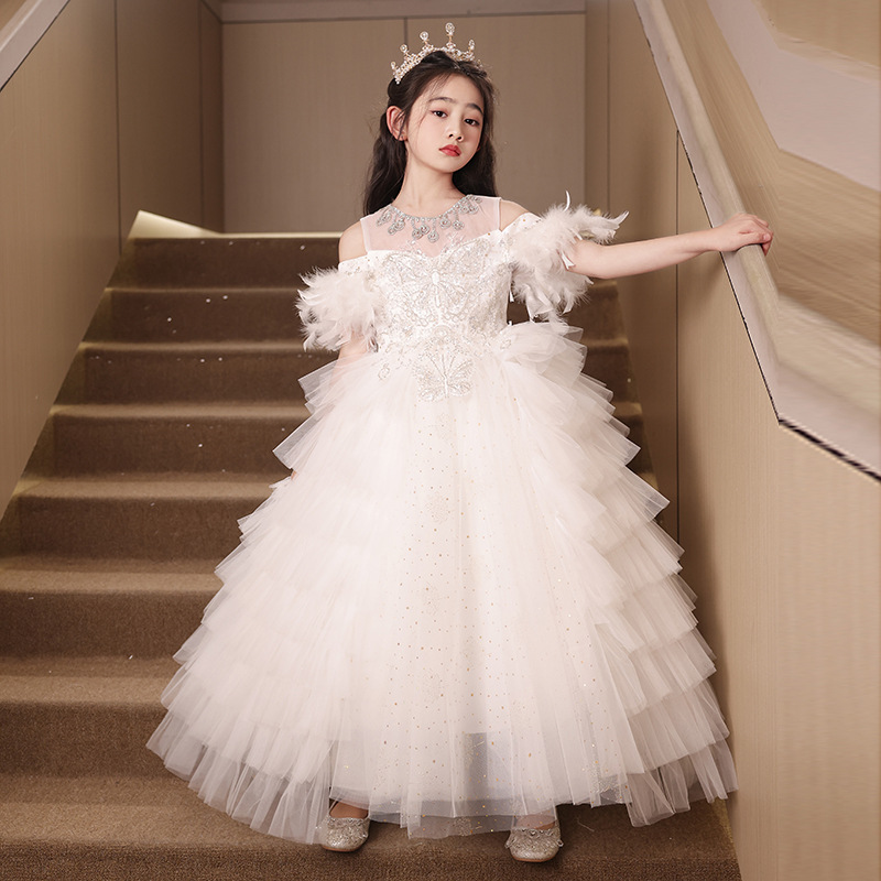 兒童輕奢小眾仿羽毛珠飾露肩裙