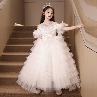 兒童輕奢小眾仿羽毛珠飾露肩裙