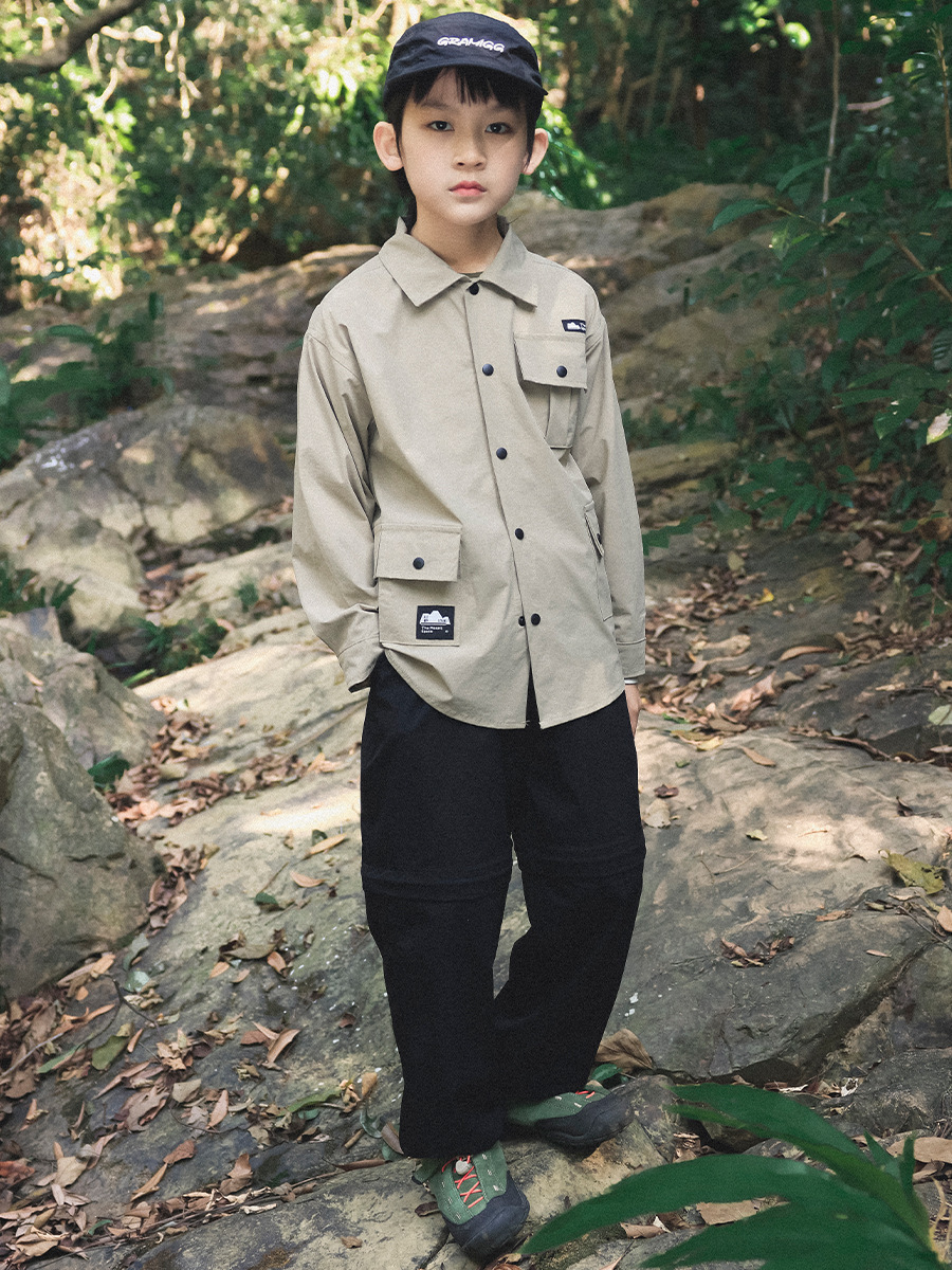 兒童春季長袖翻領多口袋工裝襯衫外套