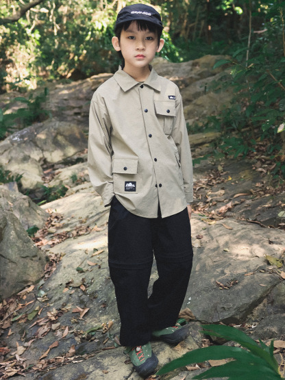 兒童春季長袖翻領多口袋工裝襯衫外套